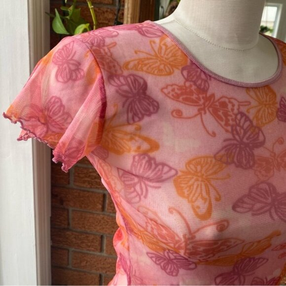 La Vie En Rose Size Medium Y2K Butterfly Mesh Tee - Picture 7 of 9